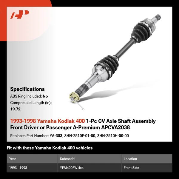 1993-1998 Yamaha Kodiak 400 1-Pc CV Axle Shaft Assembly Front Driver or Passenger A-Premium APCVA2038