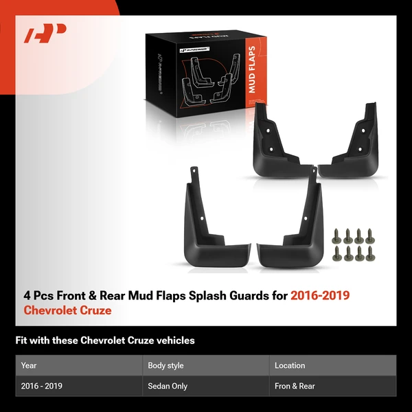 4 Pcs Front & Rear Mud Flaps Splash Guards for 2016-2019 Chevrolet Cruze