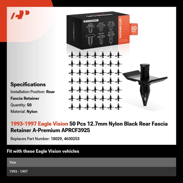 1993-1997 Eagle Vision 50 Pcs 12.7mm Nylon Black Rear Fascia Retainer A-Premium APRCF3925