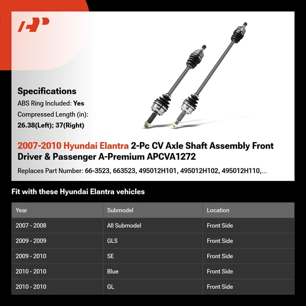 2007-2010 Hyundai Elantra 2-Pc CV Axle Shaft Assembly Front Driver & Passenger A-Premium APCVA1272
