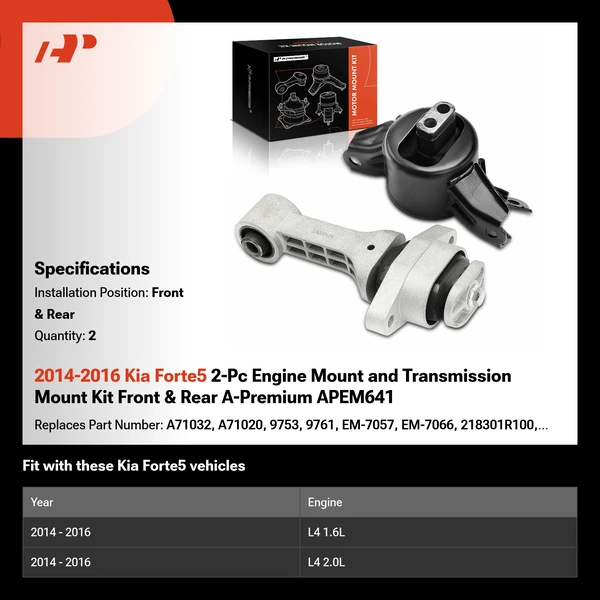 2014-2016 Kia Forte5 2-Pc Engine Mount and Transmission Mount Kit Front & Rear A-Premium APEM641