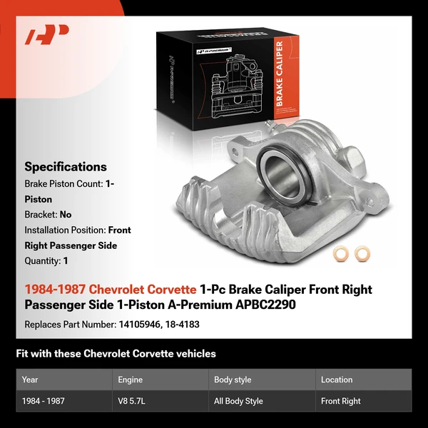 1984-1987 Chevrolet Corvette 1-Pc Brake Caliper Front Right Passenger Side 1-Piston A-Premium APBC2290