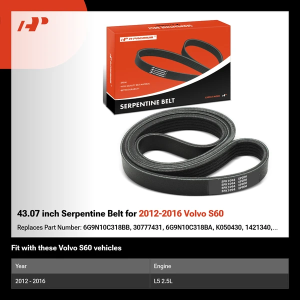 43.07 inch Serpentine Belt for 2012-2016 Volvo S60
