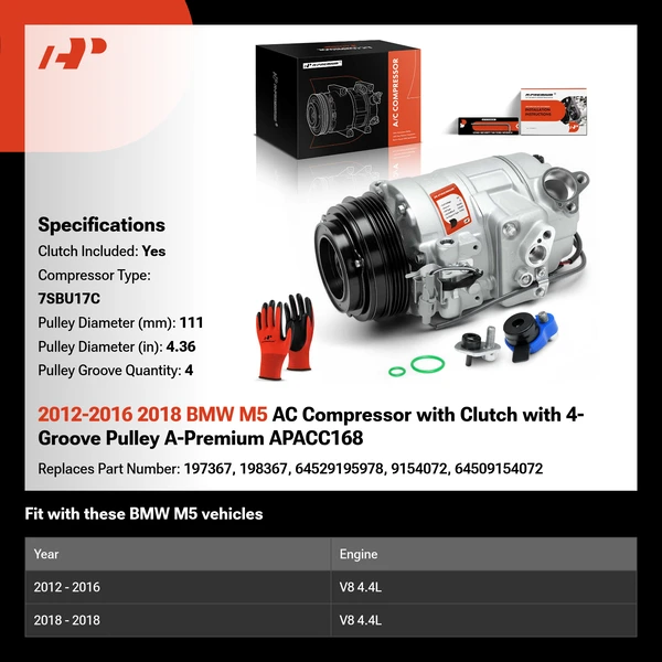 2012-2016 2018 BMW M5 AC Compressor with Clutch with 4-Groove Pulley A-Premium APACC168