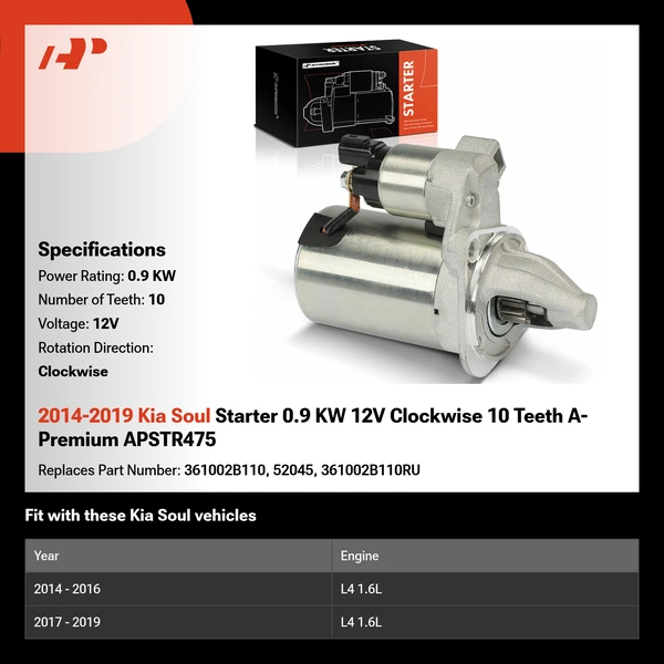 2014-2019 Kia Soul Starter 0.9 KW 12V Clockwise 10 Teeth A-Premium APSTR475