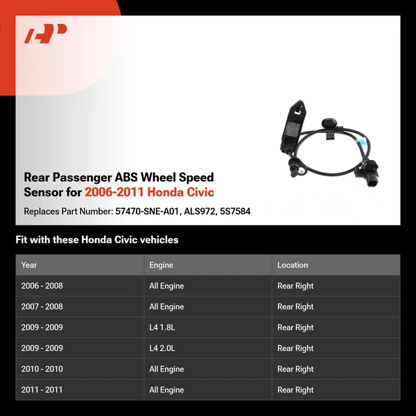 Rear Passenger ABS Wheel Speed Sensor for 2006-2011 Honda Civic