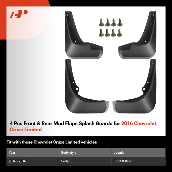 4 Pcs Front & Rear Mud Flaps Splash Guards for 2016 Chevrolet Cruze Limited