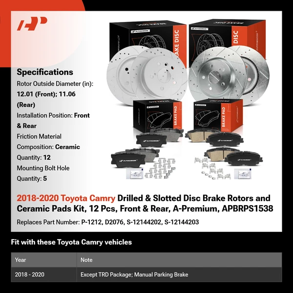 2018-2020 Toyota Camry Drilled & Slotted Disc Brake Rotors and Ceramic Pads Kit, 12 Pcs, Front & Rear, A-Premium, APBRPS1538