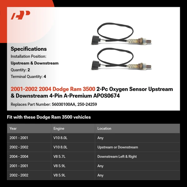 2001-2002 2004 Dodge Ram 3500 2-Pc Oxygen Sensor Upstream & Downstream 4-Pin A-Premium APOS0674