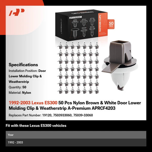 1992-2003 Lexus ES300 50 Pcs Nylon Brown & White Door Lower Molding Clip & Weatherstrip A-Premium APRCF4203