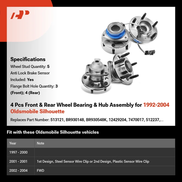 4 Pcs Front & Rear Wheel Bearing & Hub Assembly for 1992-2004 Oldsmobile Silhouette