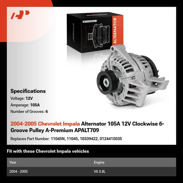 2004-2005 Chevrolet Impala Alternator 105A 12V Clockwise 6-Groove Pulley A-Premium APALT709