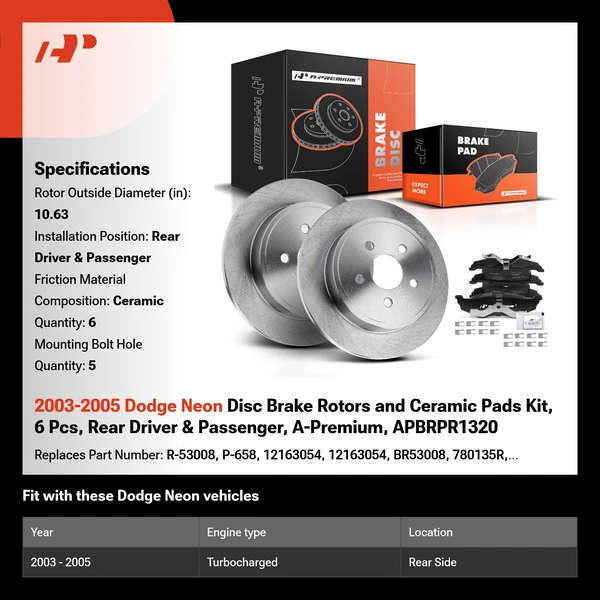 2003-2005 Dodge Neon Disc Brake Rotors and Ceramic Pads Kit, 6 Pcs, Rear Driver & Passenger, A-Premium, APBRPR1320