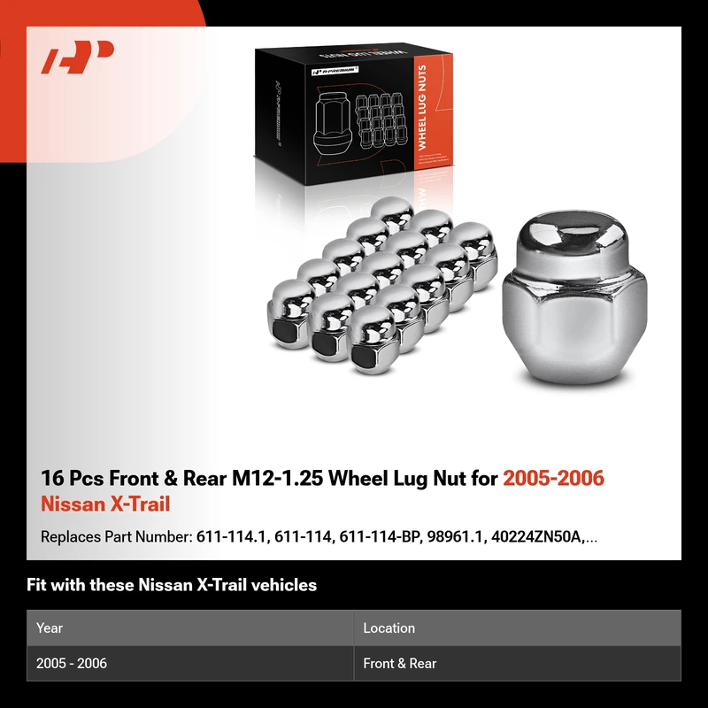 16 Pcs Front & Rear M12-1.25 Wheel Lug Nut for 2005-2006 Nissan X-Trail
