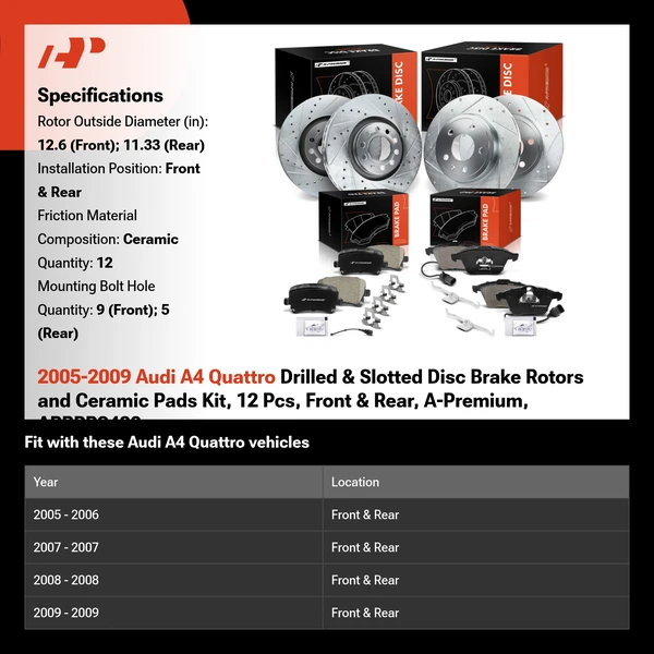2005-2009 Audi A4 Quattro Drilled & Slotted Disc Brake Rotors and Ceramic Pads Kit, 12 Pcs, Front & Rear, A-Premium, APBRPS480