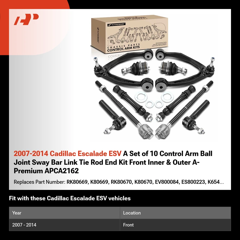 2007-2014 Cadillac Escalade ESV A Set of 10 Control Arm Ball Joint Sway Bar Link Tie Rod End Kit Front Inner & Outer A-Premium APCA2162