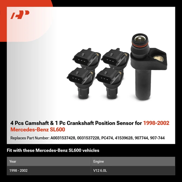 4 Pcs Camshaft & 1 Pc Crankshaft Position Sensor for 1998-2002 Mercedes-Benz SL600
