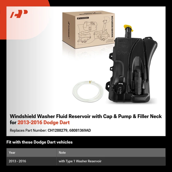 Windshield Washer Fluid Reservoir with Cap & Pump & Filler Neck for 2013-2016 Dodge Dart
