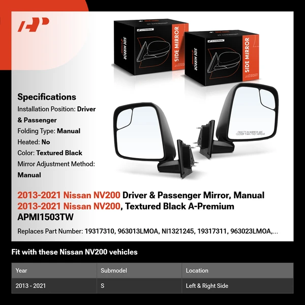 2013-2021 Nissan NV200 Driver & Passenger Mirror, Manual 2013-2021 Nissan NV200, Textured Black A-Premium APMI1503TW