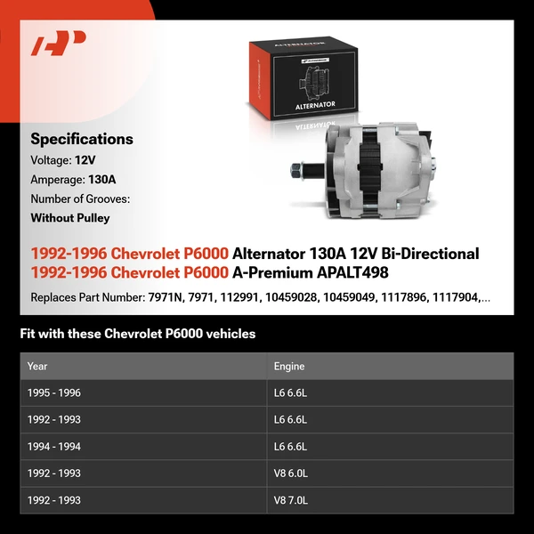 1992-1996 Chevrolet P6000 Alternator 130A 12V Bi-Directional 1992-1996 Chevrolet P6000 A-Premium APALT498