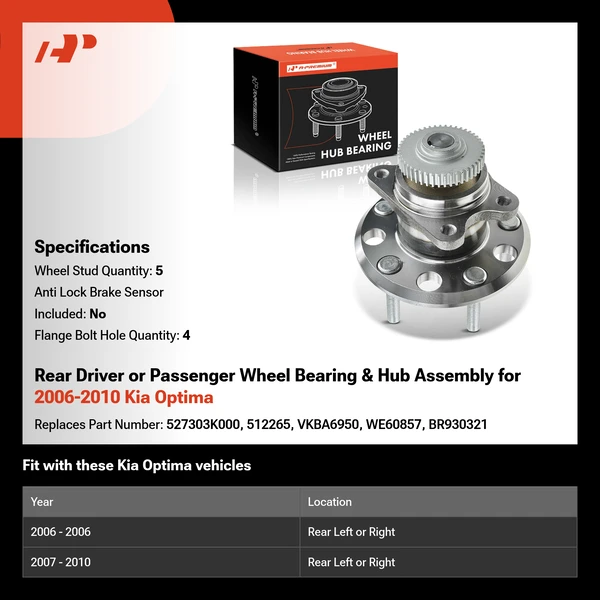 Rear Driver or Passenger Wheel Bearing & Hub Assembly for 2006-2010 Kia Optima
