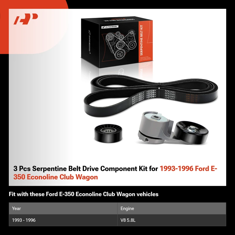 3 Pcs Serpentine Belt Drive Component Kit for 1993-1996 Ford E-350 Econoline Club Wagon