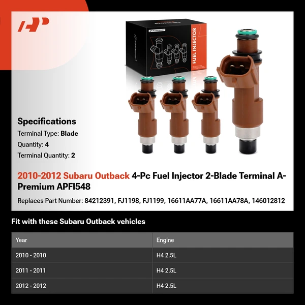2010-2012 Subaru Outback 4-Pc Fuel Injector 2-Blade Terminal A-Premium APFI548