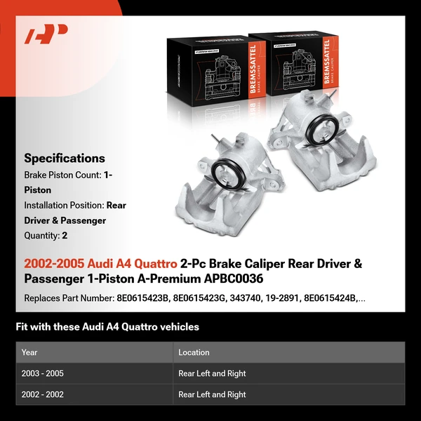 2002-2005 Audi A4 Quattro 2-Pc Brake Caliper Rear Driver & Passenger 1-Piston A-Premium APBC0036