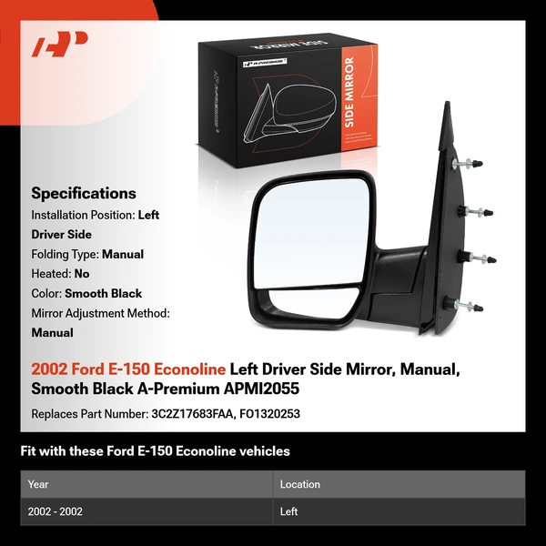 2002 Ford E-150 Econoline Left Driver Side Mirror, Manual, Smooth Black A-Premium APMI2055