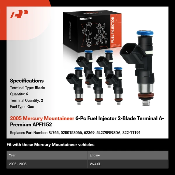 2005 Mercury Mountaineer 6-Pc Fuel Injector 2-Blade Terminal A-Premium APFI152