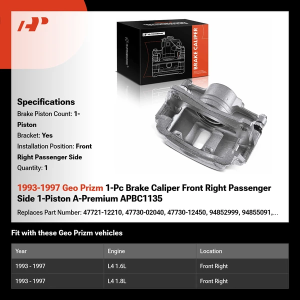 1993-1997 Geo Prizm 1-Pc Brake Caliper Front Right Passenger Side 1-Piston A-Premium APBC1135