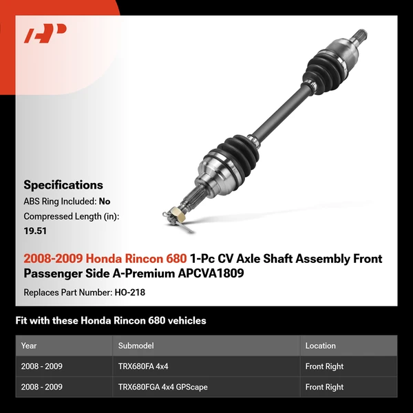 2008-2009 Honda Rincon 680 1-Pc CV Axle Shaft Assembly Front Passenger Side A-Premium APCVA1809
