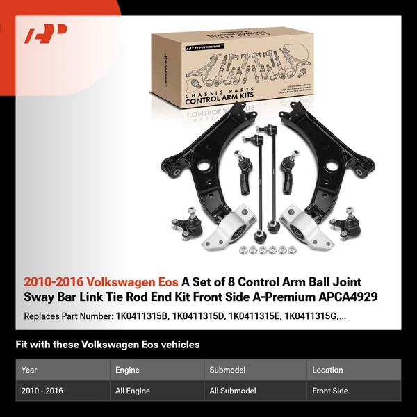2010-2016 Volkswagen Eos A Set of 8 Control Arm Ball Joint Sway Bar Link Tie Rod End Kit Front Side A-Premium APCA4929