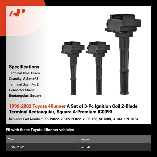 1996-2002 Toyota 4Runner A Set of 3-Pc Ignition Coil 2-Blade Terminal Rectangular, Square A-Premium IC0093