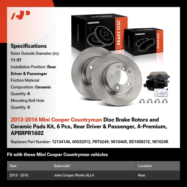 2013-2016 Mini Cooper Countryman Disc Brake Rotors and Ceramic Pads Kit, 6 Pcs, Rear Driver & Passenger, A-Premium, APBRPR1602
