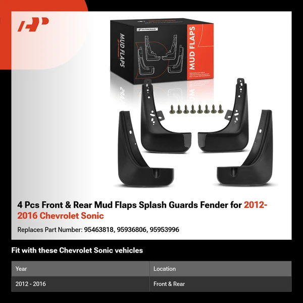 4 Pcs Front & Rear Mud Flaps Splash Guards Fender for 2012-2016 Chevrolet Sonic