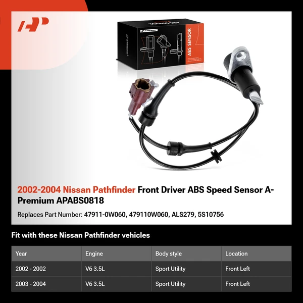 2002-2004 Nissan Pathfinder Front Driver ABS Speed Sensor A-Premium APABS0818