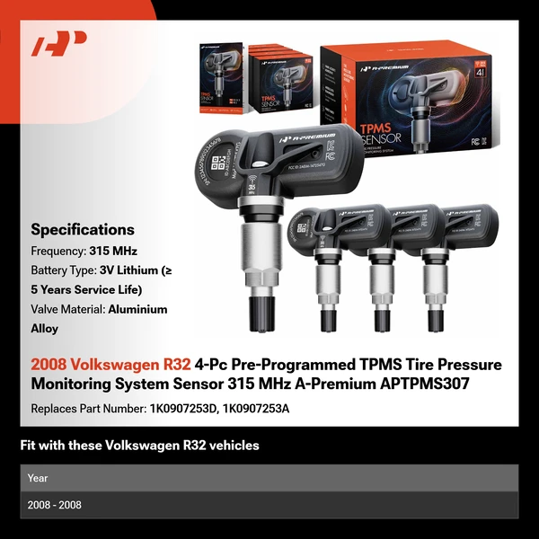 2008 Volkswagen R32 4-Pc Pre-Programmed TPMS Tire Pressure Monitoring System Sensor 315 MHz A-Premium APTPMS307