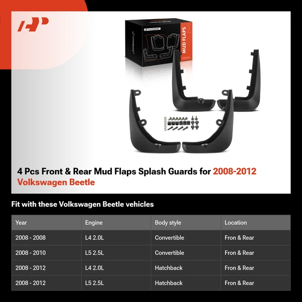 4 Pcs Front & Rear Mud Flaps Splash Guards for 2008-2012 Volkswagen Beetle