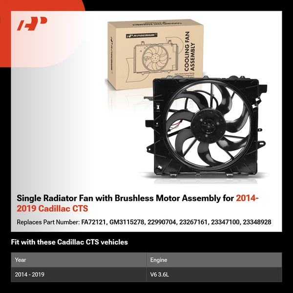 Single Radiator Fan with Brushless Motor Assembly for 2014-2019 Cadillac CTS