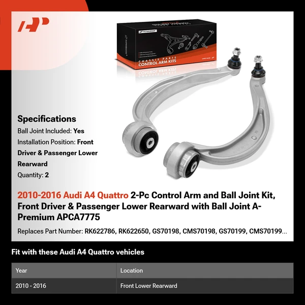 2010-2016 Audi A4 Quattro 2-Pc Control Arm and Ball Joint Kit, Front Driver & Passenger Lower Rearward with Ball Joint A-Premium APCA7775