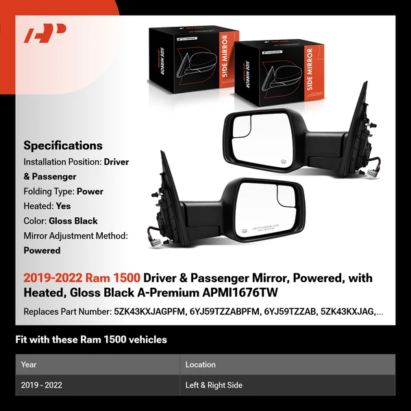 2019-2022 Ram 1500 Driver & Passenger Mirror, Powered, with Heated, Gloss Black A-Premium APMI1676TW