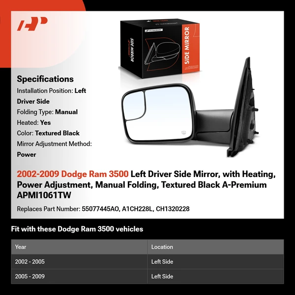 2002-2009 Dodge Ram 3500 Left Driver Side Mirror, with Heating, Power Adjustment, Manual Folding, Textured Black A-Premium APMI1061TW