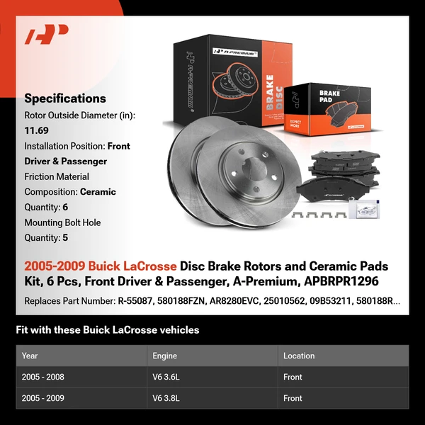 2005-2009 Buick LaCrosse Disc Brake Rotors and Ceramic Pads Kit, 6 Pcs, Front Driver & Passenger, A-Premium, APBRPR1296