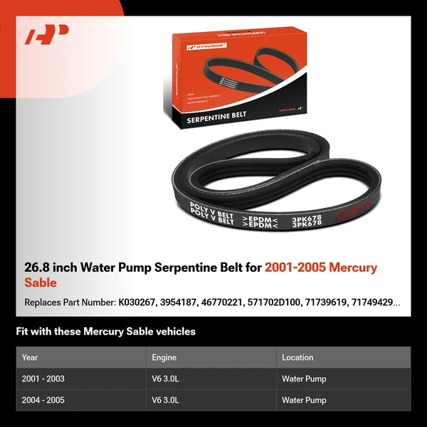 26.8 inch Water Pump Serpentine Belt for 2001-2005 Mercury Sable