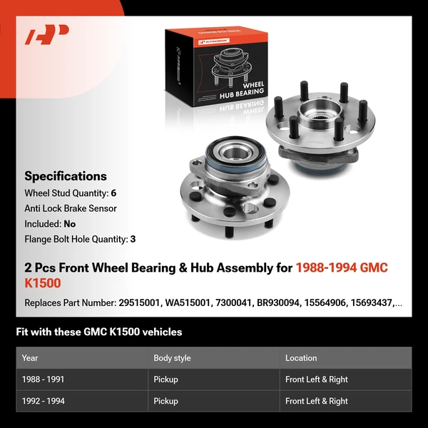 2 Pcs Front Wheel Bearing & Hub Assembly for 1988-1994 GMC K1500