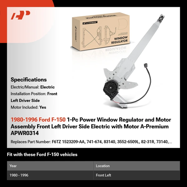 1980-1996 Ford F-150 1-Pc Power Window Regulator and Motor Assembly Front Left Driver Side Electric with Motor A-Premium APWR0314