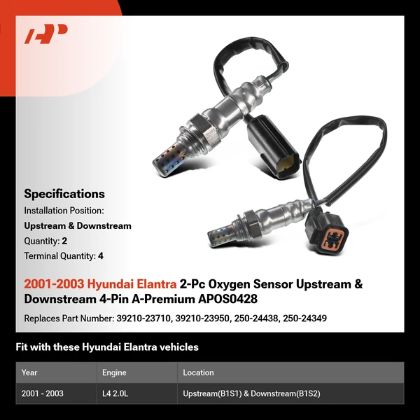 2001-2003 Hyundai Elantra 2-Pc Oxygen Sensor Upstream & Downstream 4-Pin A-Premium APOS0428