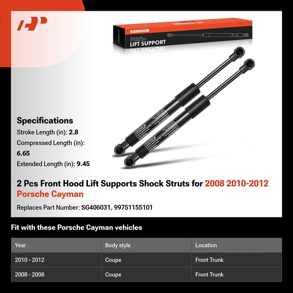 2 Pcs Front Hood Lift Supports Shock Struts for 2008 2010-2012 Porsche Cayman