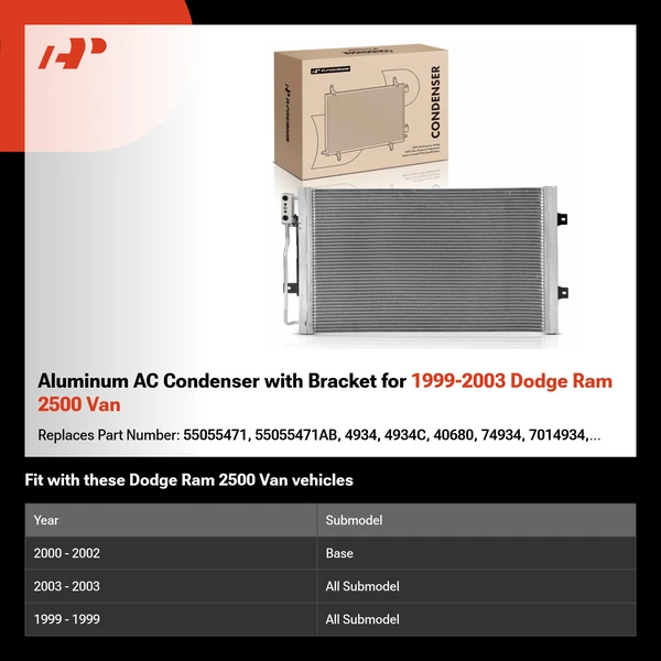 Aluminum AC Condenser with Bracket for 1999-2003 Dodge Ram 2500 Van